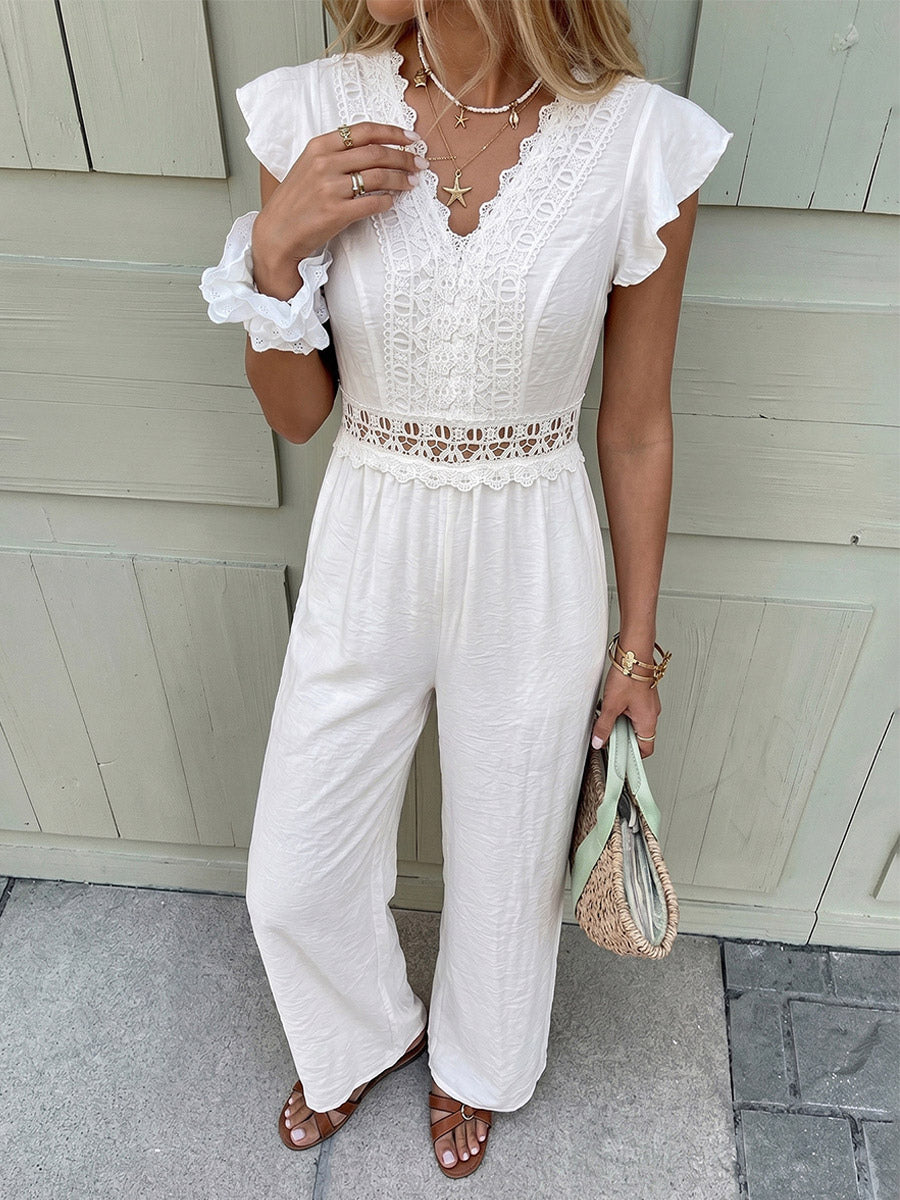 Boho Off-White Textured Jumpsuit V-Neck Ruffle Short Sleeve Crochet Lace Cutout High Waist Wide Leg Casual Playsuit