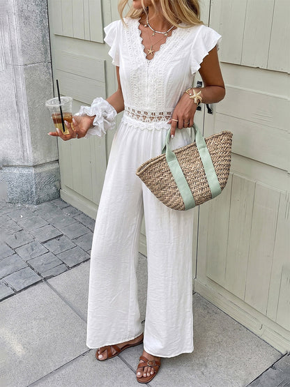 Boho Off-White Textured Jumpsuit V-Neck Ruffle Short Sleeve Crochet Lace Cutout High Waist Wide Leg Casual Playsuit