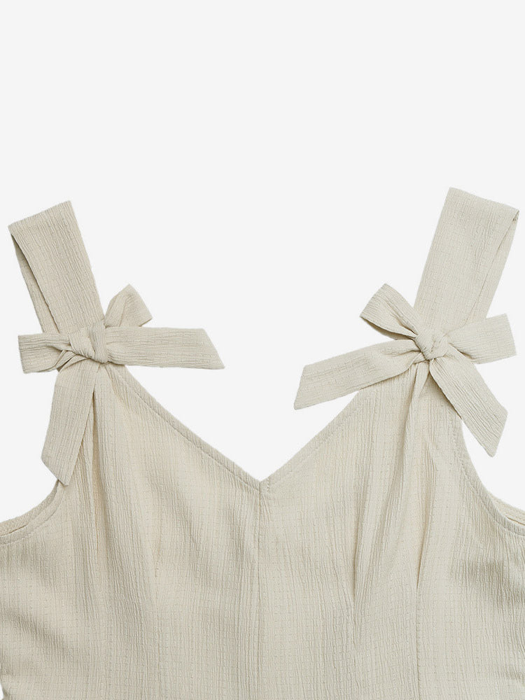 Jumpsuit Vacation Romper V Neck Shoulder Bow Straps Pleated Short High Waist Pleated Pocket Jumpsuit