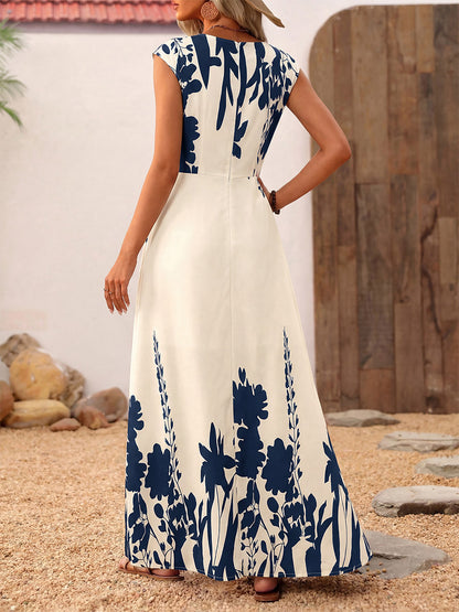 Vacation Sundress Dark Blue Block Floral Square Neck Sleeveless Flowy Boho Beach Summer Dress