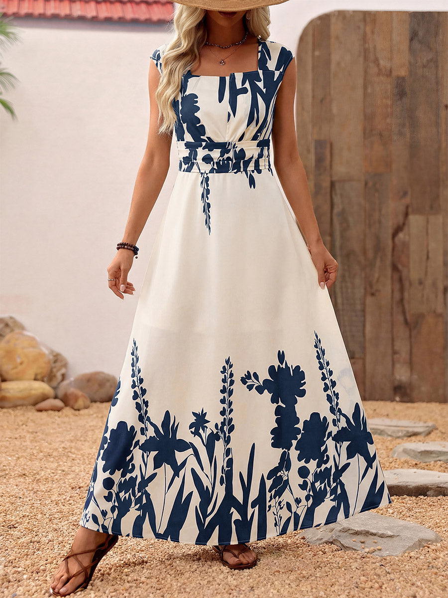 Vacation Sundress Dark Blue Block Floral Square Neck Sleeveless Flowy Boho Beach Summer Dress