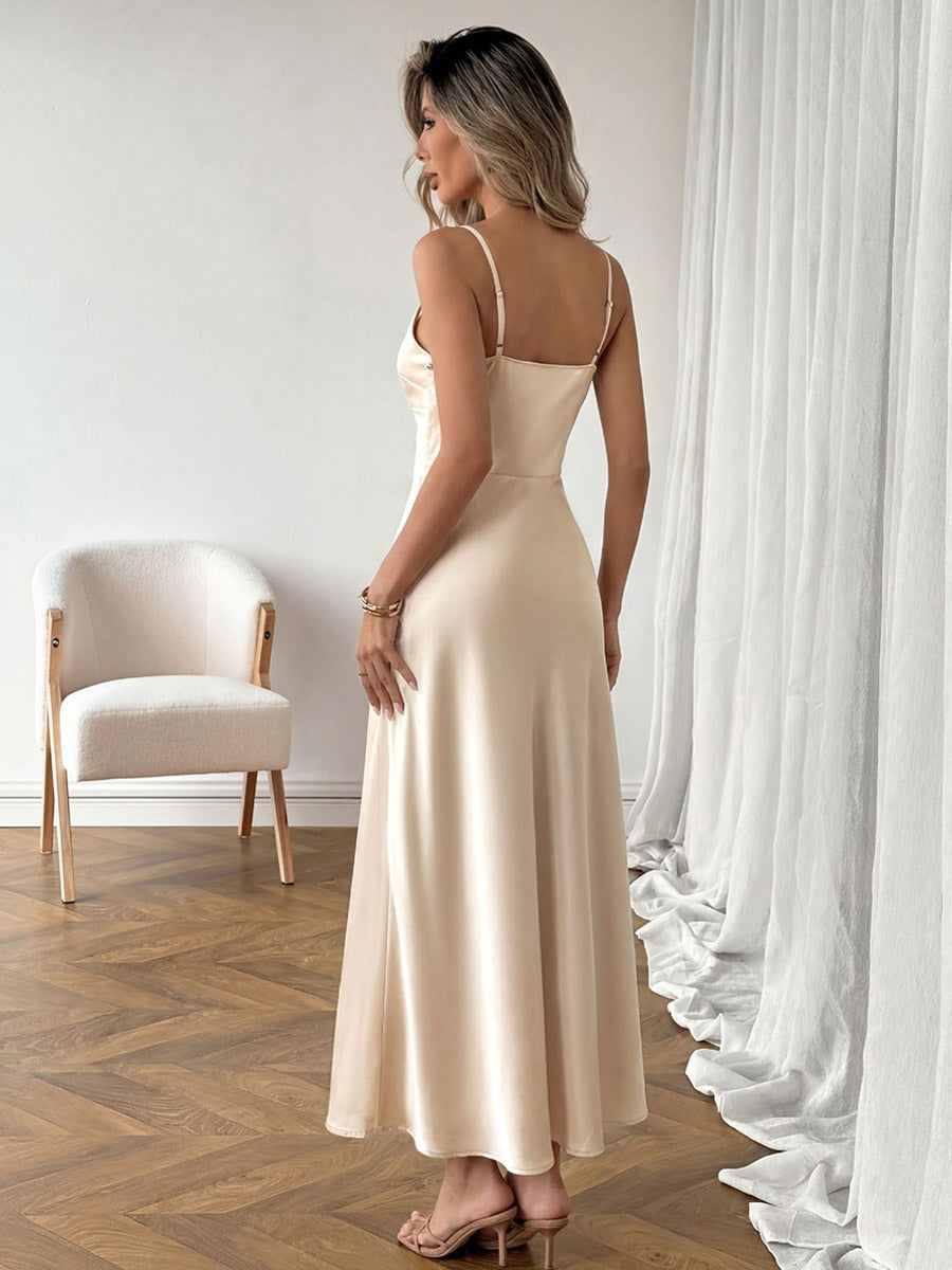 Date Night Dresses Champagne Satin Slip Spaghetti Straps Bridesmaid Evening Midi Dress