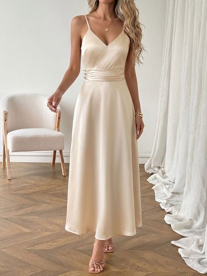 Date Night Dresses Champagne Satin Slip Spaghetti Straps Bridesmaid Evening Midi Dress