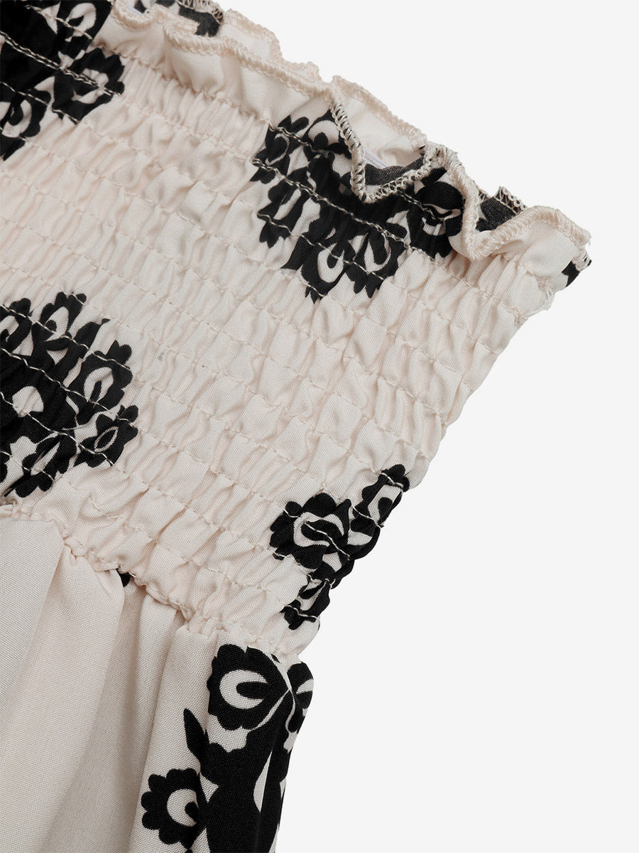 Women Damask Print Paperbag Shorts Smocked Ruffle Waist Drawstring Casual Shorts