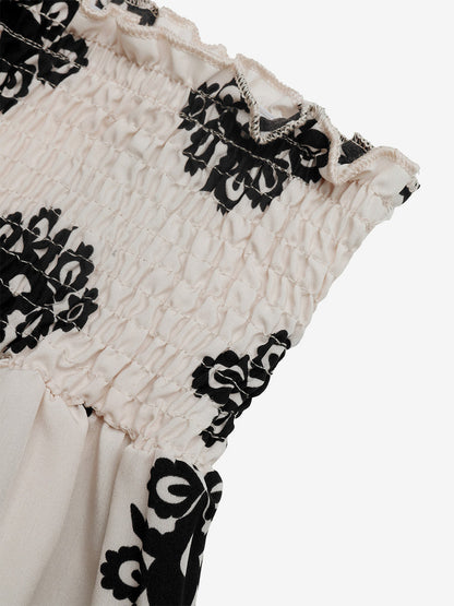 Women Damask Print Paperbag Shorts Smocked Ruffle Waist Drawstring Casual Shorts