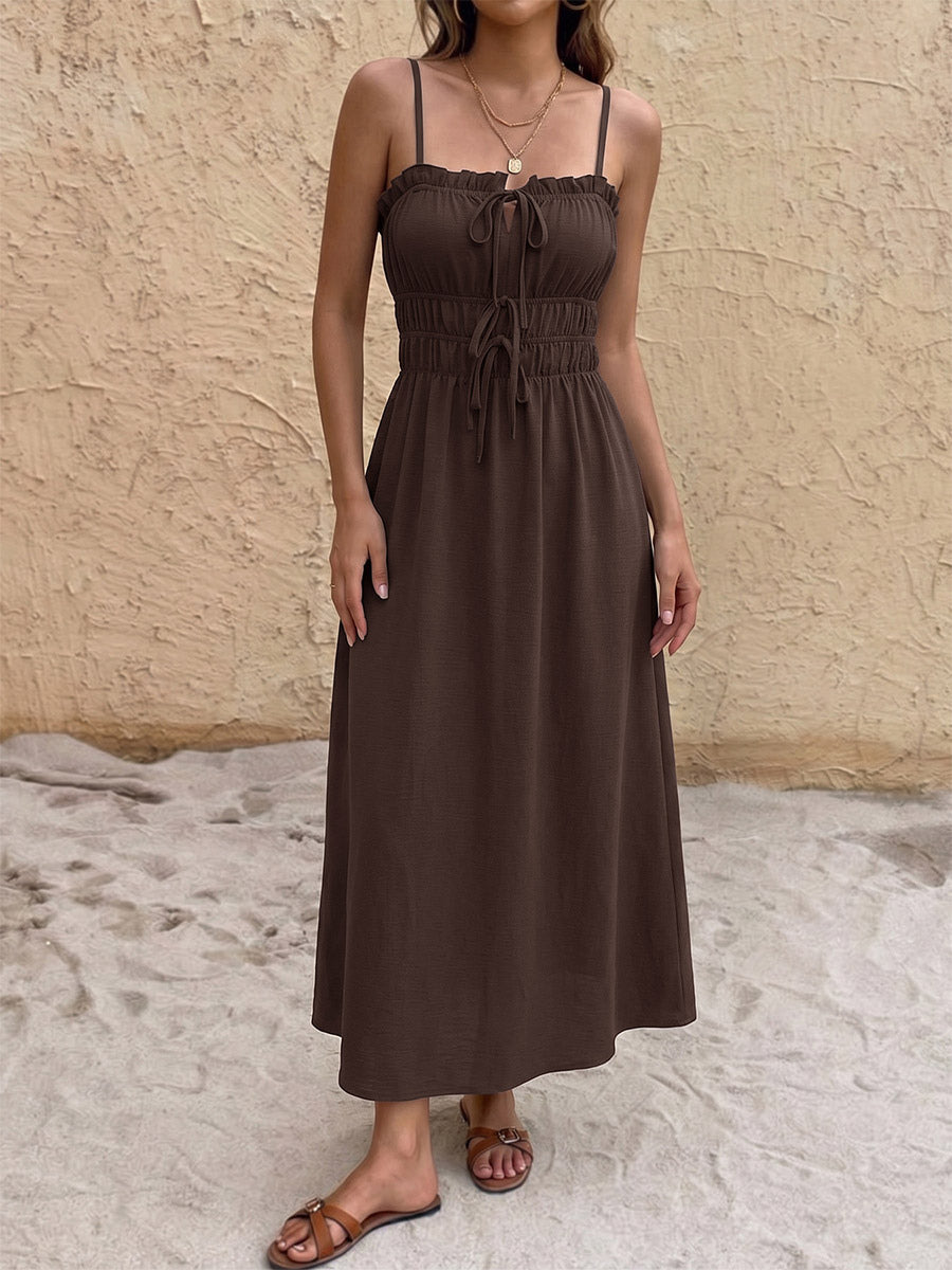 Vacation Dress Cami Ruffle Trim Square Neck Self Tie Elastic Waist Loose Casual Midi Dress