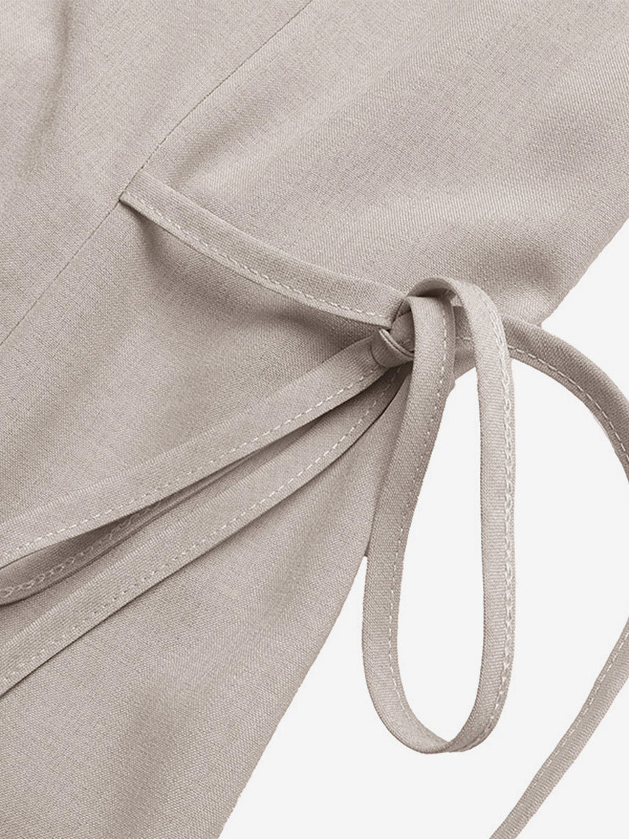 Daily Dress Khaki Sleeveless Collared Shirt V-Neck Button Front Side Drawstring Midi Dress