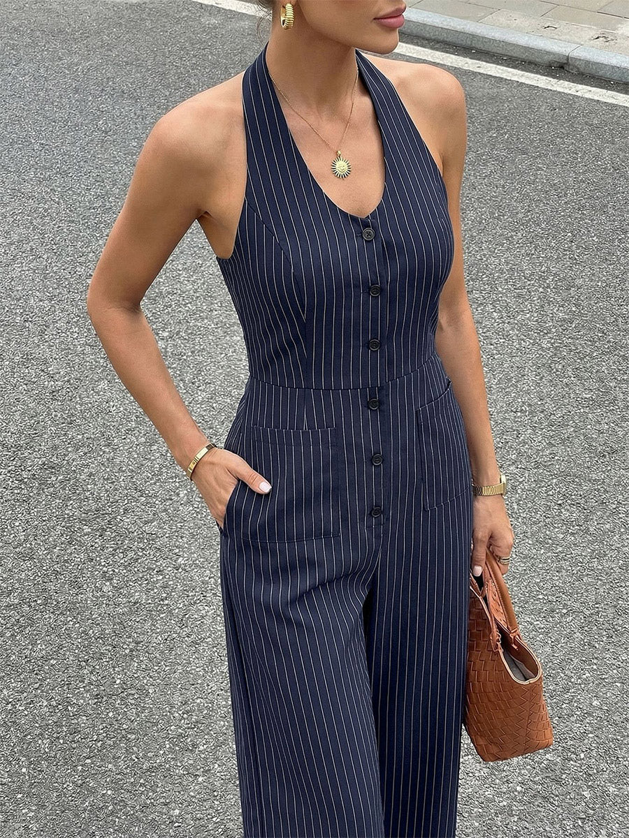 Dark Navy Thin Vertical Stripe Halter Jumpsuit Sleeveless High Waist Wide Leg Playsuit