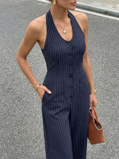 Dark Navy Thin Vertical Stripe Halter Jumpsuit Sleeveless High Waist Wide Leg Playsuit