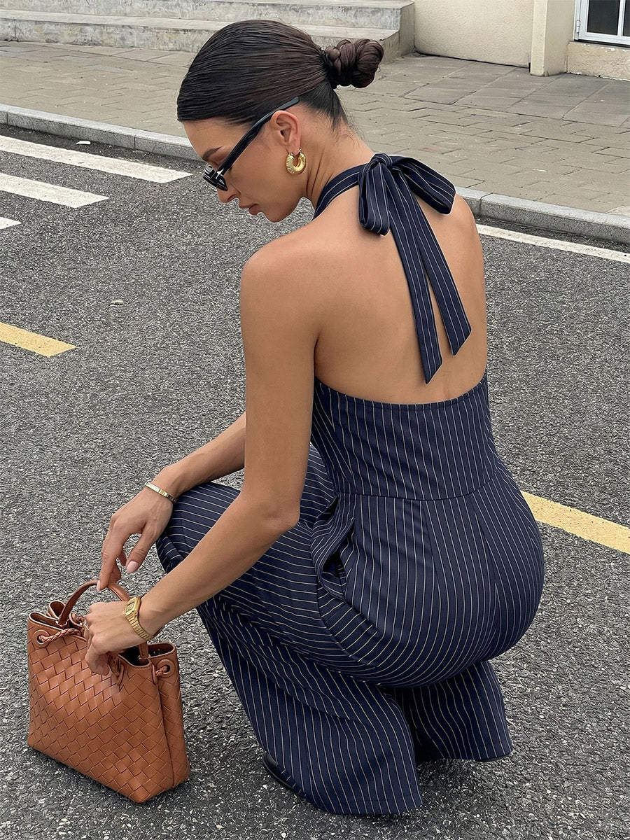 Dark Navy Thin Vertical Stripe Halter Jumpsuit Sleeveless High Waist Wide Leg Playsuit