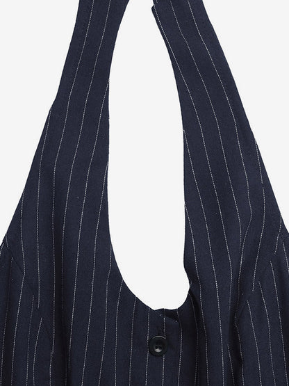 Dark Navy Thin Vertical Stripe Halter Jumpsuit Sleeveless High Waist Wide Leg Playsuit