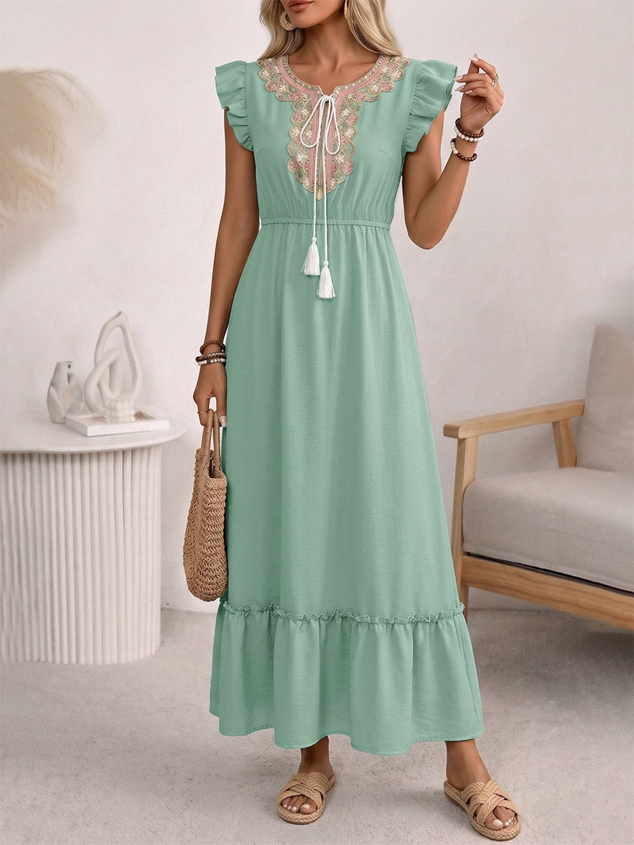 Vacation Dress Maxi Jewel Neck Sleeveless Green Embroidery Bohemian Lace Up Long Dress