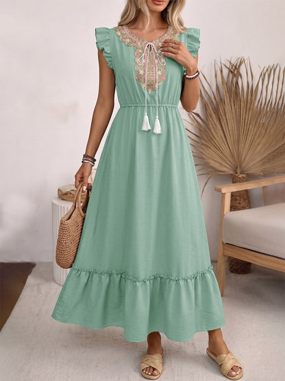 Vacation Dress Maxi Jewel Neck Sleeveless Green Embroidery Bohemian Lace Up Long Dress