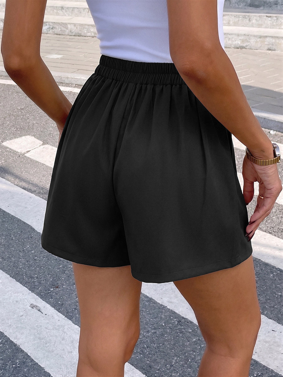 Women High Waist Pleated Shorts Gold Button Decor Elastic Back Casual Dressy Shorts