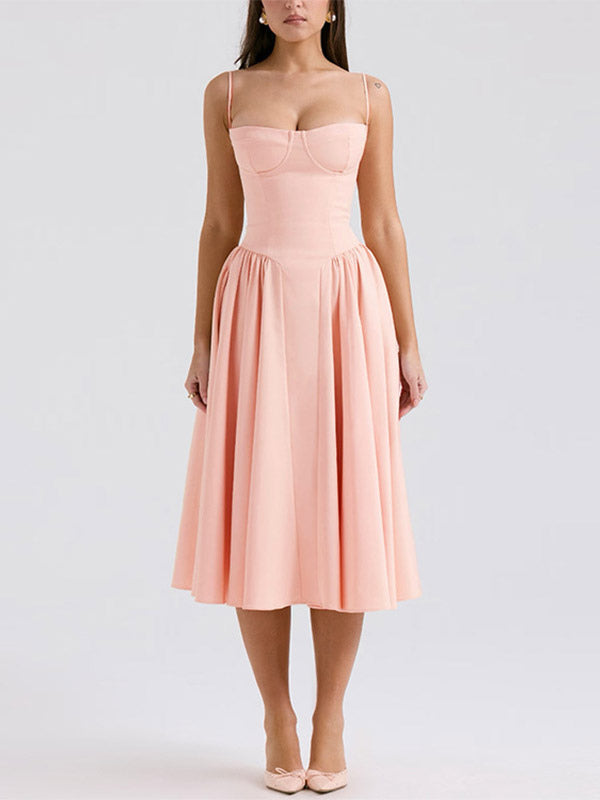 Date Night Dresses Midi Sleeveless Straps Neck Elegant Pink Dress