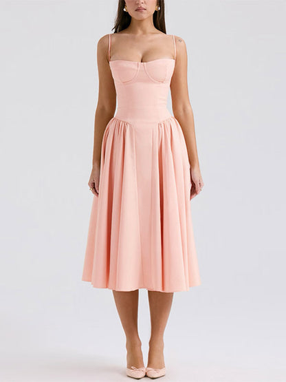 Date Night Dresses Midi Sleeveless Straps Neck Elegant Pink Dress
