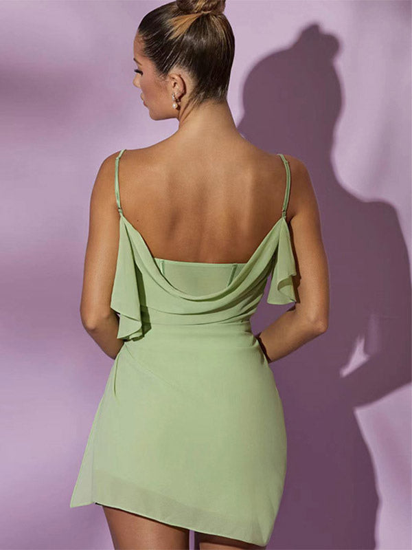 Date Night Dresses Mini Irregular Ruffles Sleeveless Square Neck Sexy Green Dress