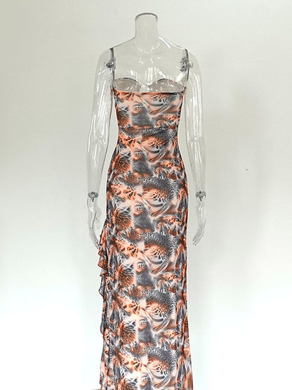 Vacation Dresses Maxi Irregular Sleeveless Strapless Sexy Leopard Dress