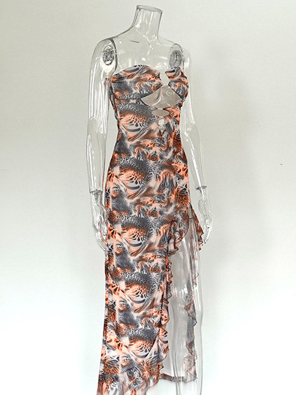 Vacation Dresses Maxi Irregular Sleeveless Strapless Sexy Leopard Dress