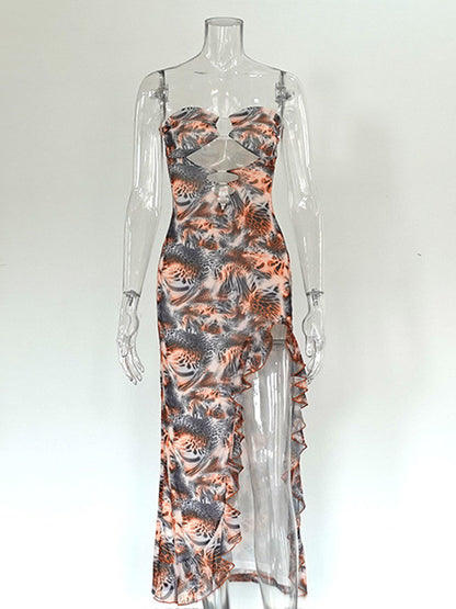 Vacation Dresses Maxi Irregular Sleeveless Strapless Sexy Leopard Dress