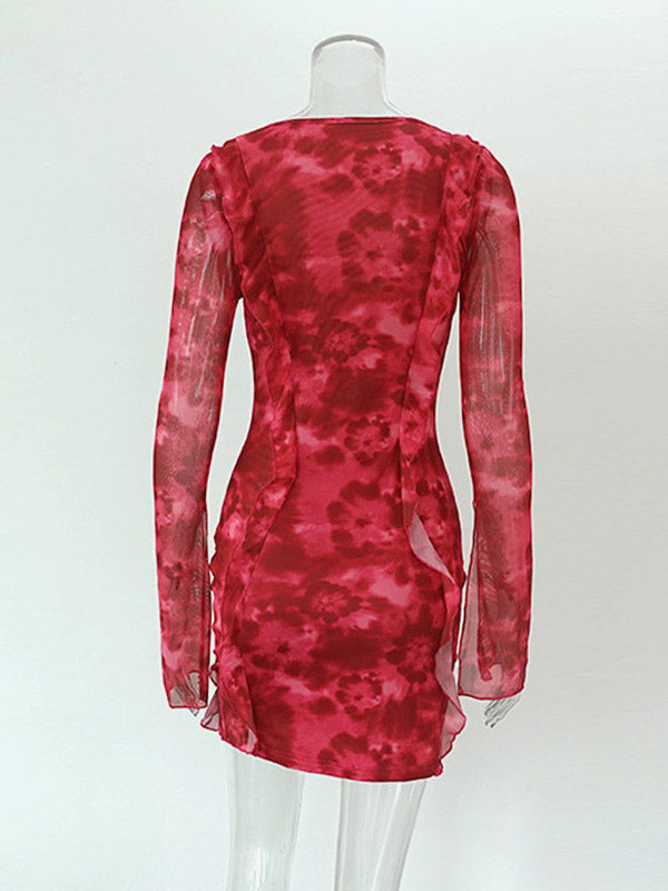 Vacation Dresses Mini Irregular Long Sleeves Geometric V-Neck Sexy Rose Dress
