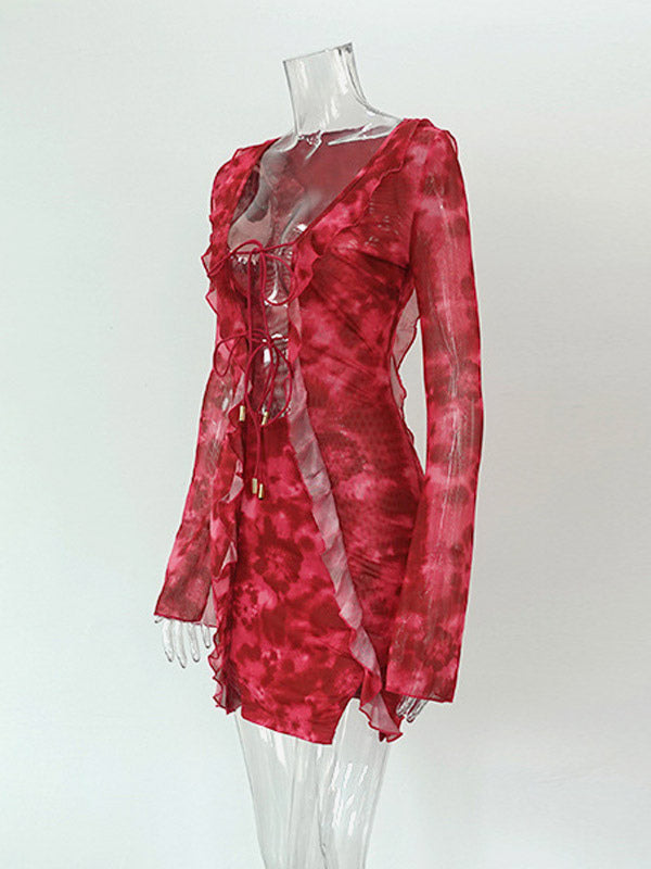Vacation Dresses Mini Irregular Long Sleeves Geometric V-Neck Sexy Rose Dress