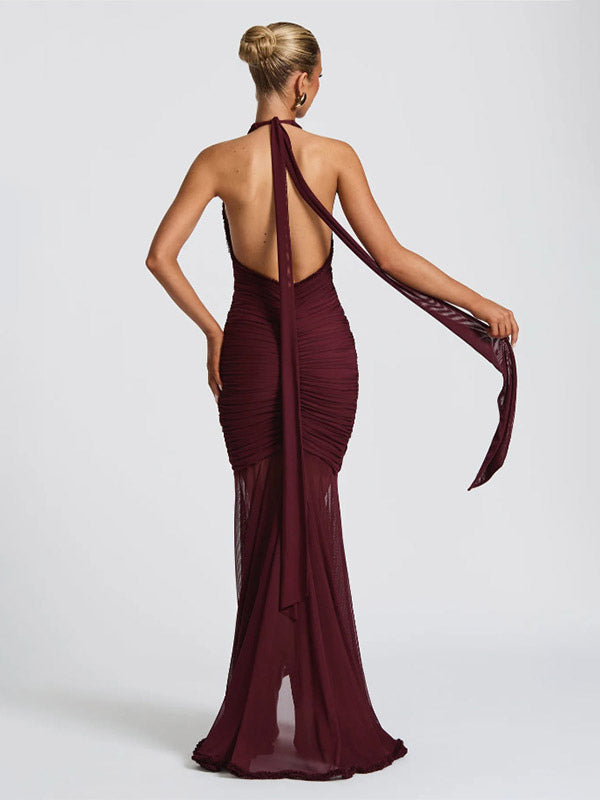 Party Dress Maxi Black V-Neck Pleated Sleeveless Sexy Semi Formal Dress
