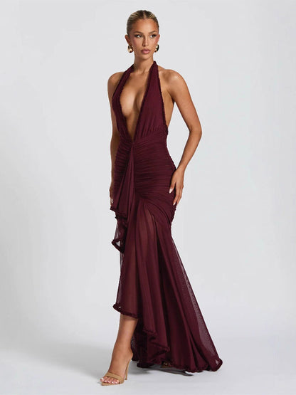 Party Dress Maxi Black V-Neck Pleated Sleeveless Sexy Semi Formal Dress