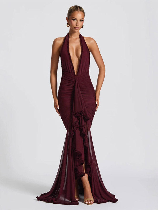 Party Dress Maxi Black V-Neck Pleated Sleeveless Sexy Semi Formal Dress