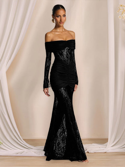 Party Dress Maxi Burgundy Off-The-Shoulder Lace Long Sleeves Sexy Semi Formal Dress