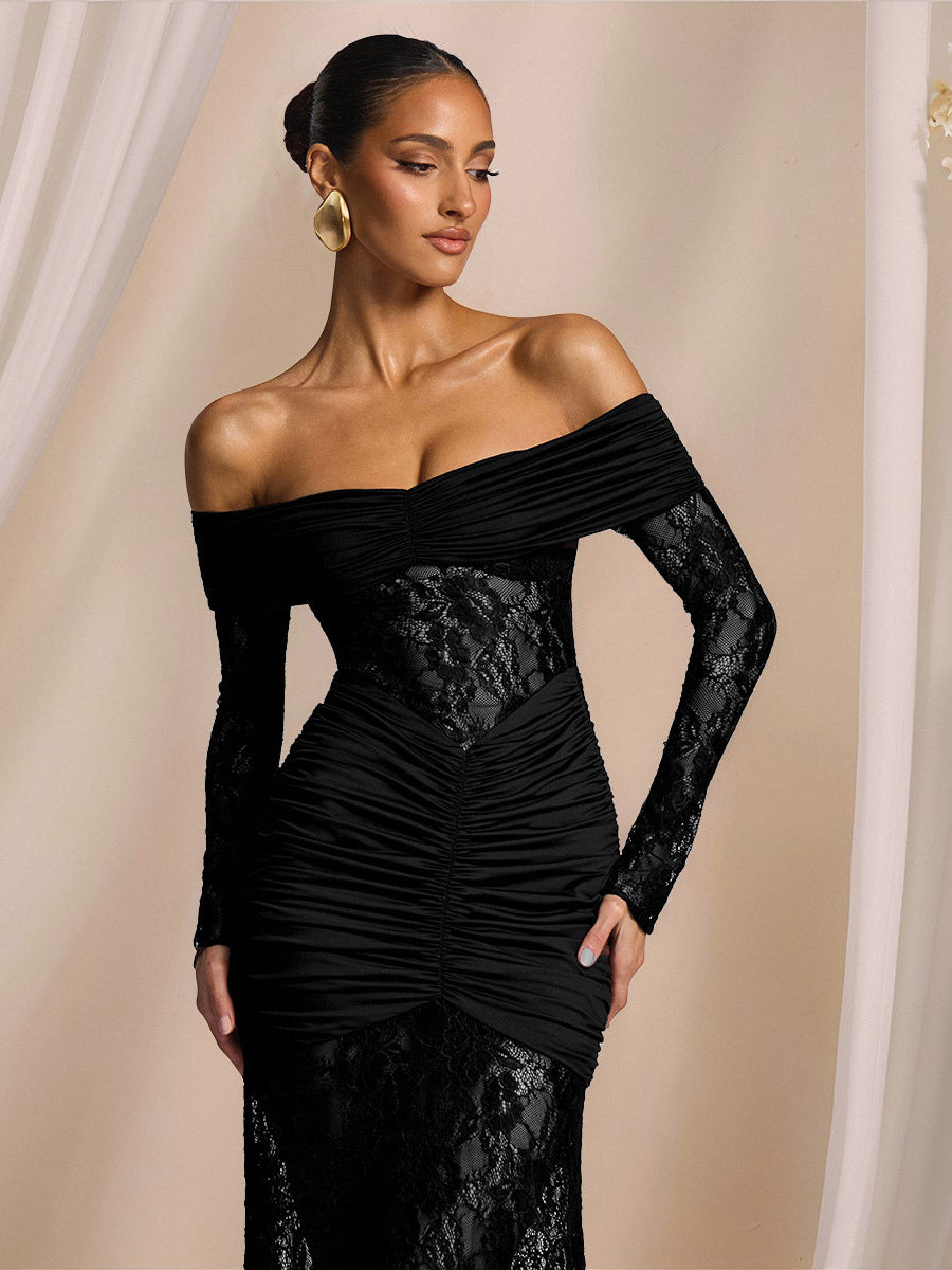 Party Dress Maxi Burgundy Off-The-Shoulder Lace Long Sleeves Sexy Semi Formal Dress