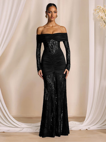 Party Dress Maxi Burgundy Off-The-Shoulder Lace Long Sleeves Sexy Semi Formal Dress