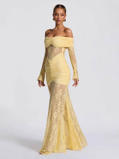 Party Dress Maxi Burgundy Off-The-Shoulder Lace Long Sleeves Sexy Semi Formal Dress