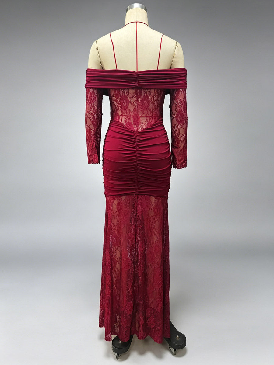 Party Dress Maxi Burgundy Off-The-Shoulder Lace Long Sleeves Sexy Semi Formal Dress