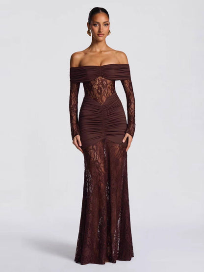 Party Dress Maxi Burgundy Off-The-Shoulder Lace Long Sleeves Sexy Semi Formal Dress