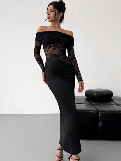 Party Dress Maxi Coffee Brown Off-The-Shoulder Lace Long Sleeves Shaping Elegant Semi Formal Dress