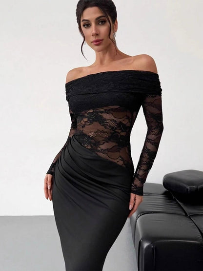 Party Dress Maxi Coffee Brown Off-The-Shoulder Lace Long Sleeves Shaping Elegant Semi Formal Dress