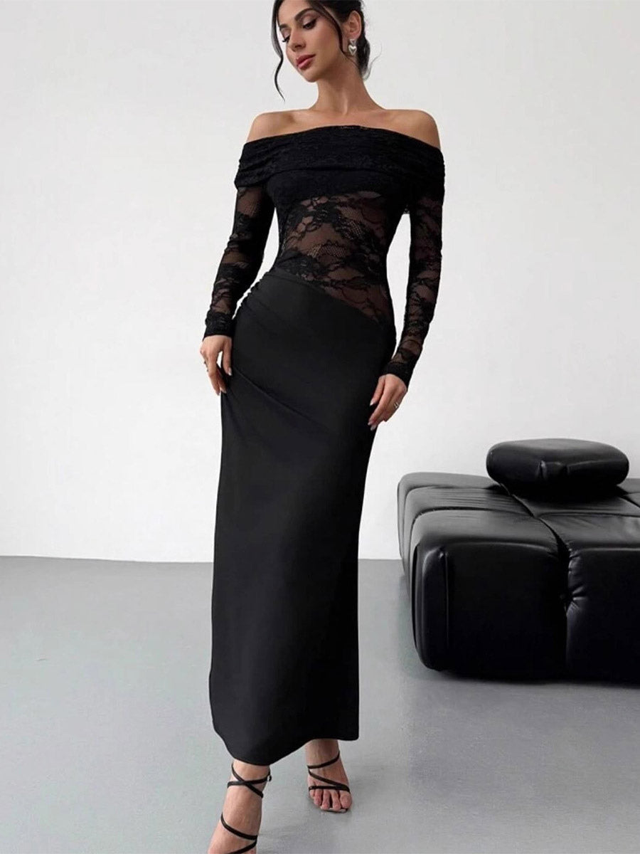 Party Dress Maxi Coffee Brown Off-The-Shoulder Lace Long Sleeves Shaping Elegant Semi Formal Dress