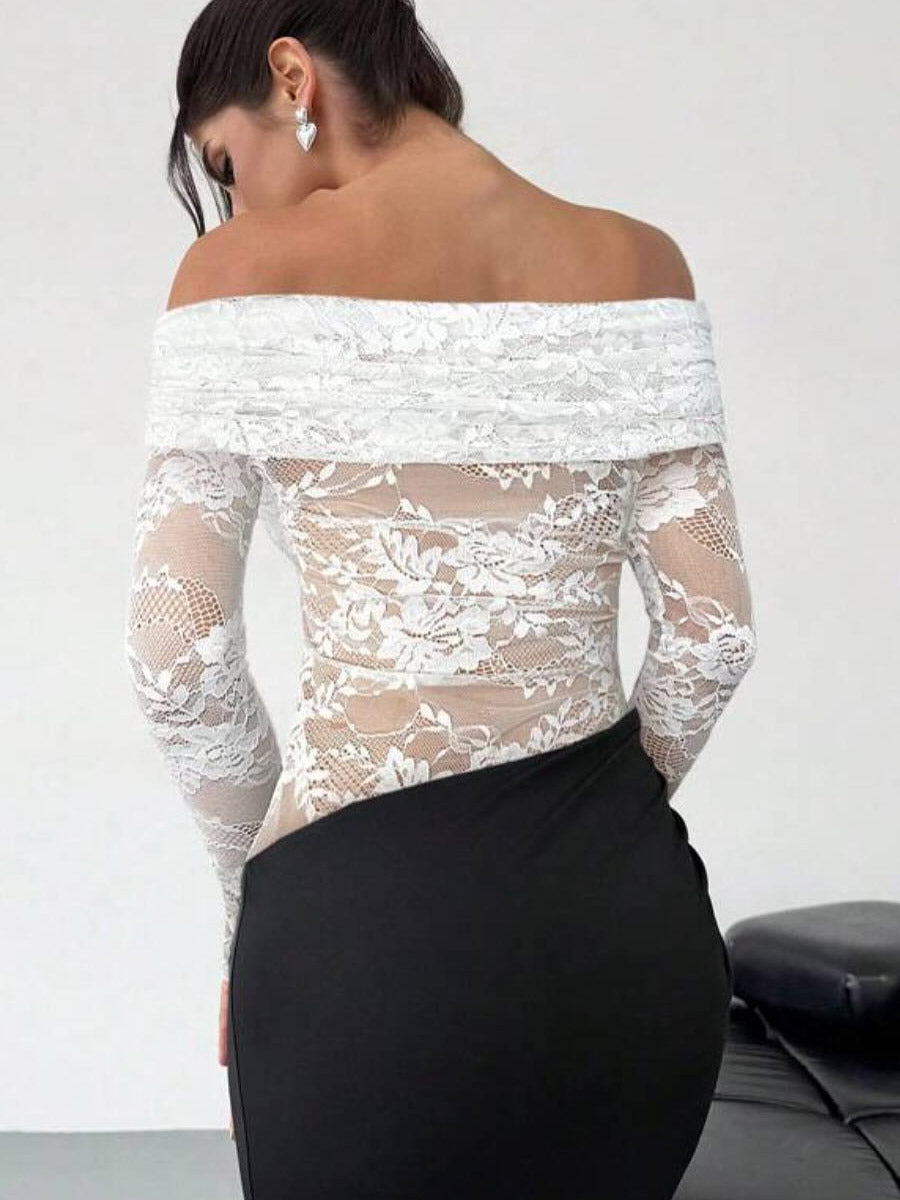 Party Dress Maxi Coffee Brown Off-The-Shoulder Lace Long Sleeves Shaping Elegant Semi Formal Dress