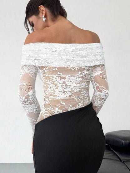 Party Dress Maxi Coffee Brown Off-The-Shoulder Lace Long Sleeves Shaping Elegant Semi Formal Dress