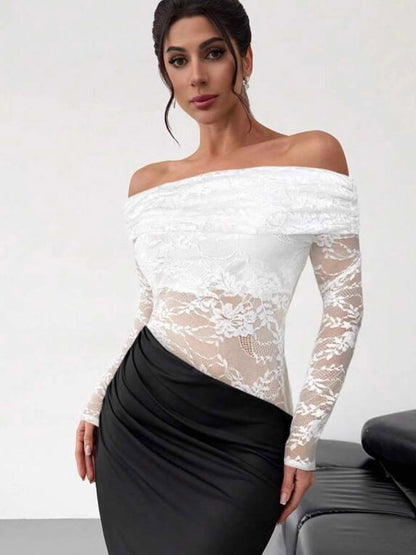Party Dress Maxi Coffee Brown Off-The-Shoulder Lace Long Sleeves Shaping Elegant Semi Formal Dress