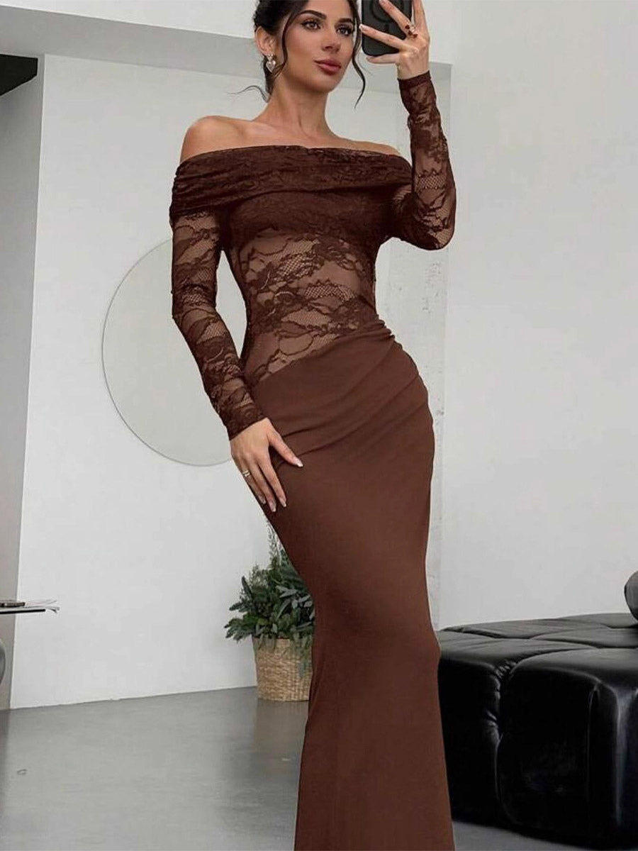 Party Dress Maxi Coffee Brown Off-The-Shoulder Lace Long Sleeves Shaping Elegant Semi Formal Dress