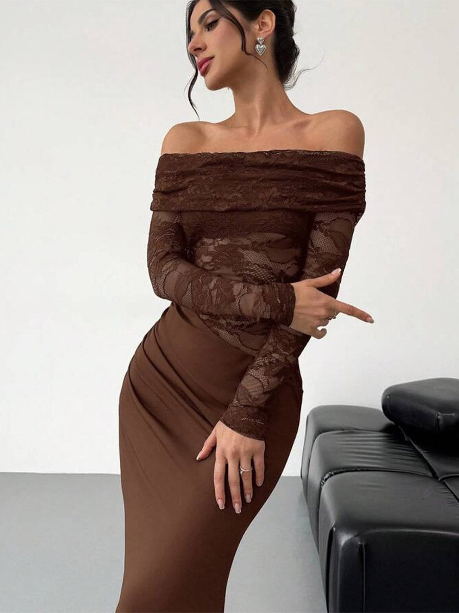 Party Dress Maxi Coffee Brown Off-The-Shoulder Lace Long Sleeves Shaping Elegant Semi Formal Dress