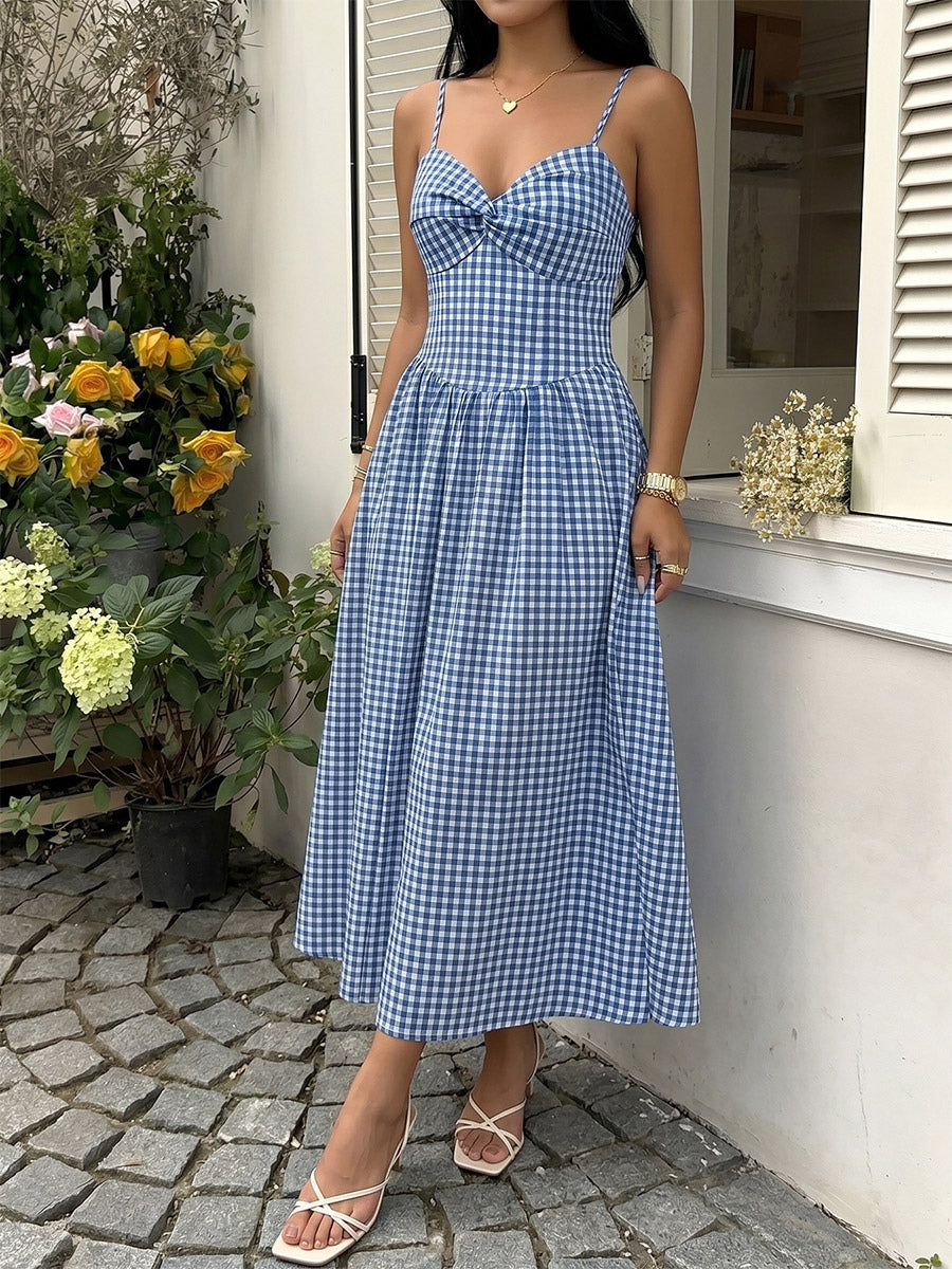 Vacation Sundress Spaghetti Strap Midi Blue White Cami Twist Bust Elastic Back Flowy Dress