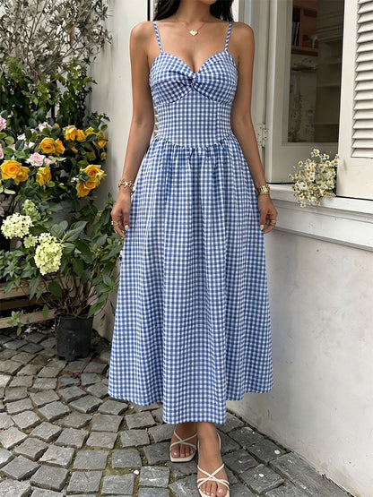 Vacation Sundress Spaghetti Strap Midi Blue White Cami Twist Bust Elastic Back Flowy Dress