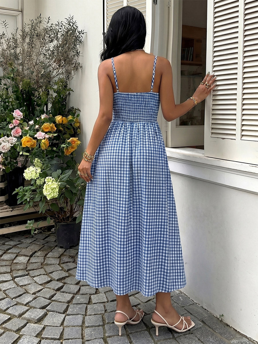 Vacation Sundress Spaghetti Strap Midi Blue White Cami Twist Bust Elastic Back Flowy Dress