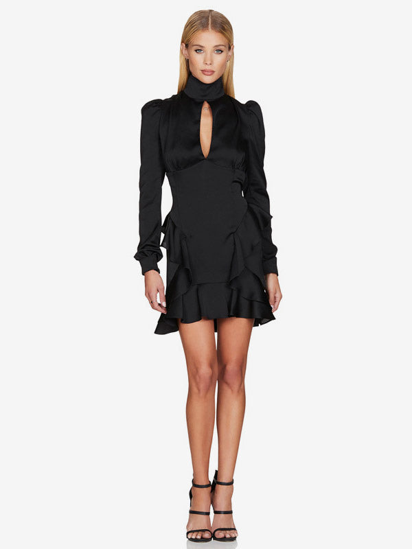 Party Dress Mini Green Stand Collar Ruffles Long Sleeves Shaping Sexy Semi Formal Dress