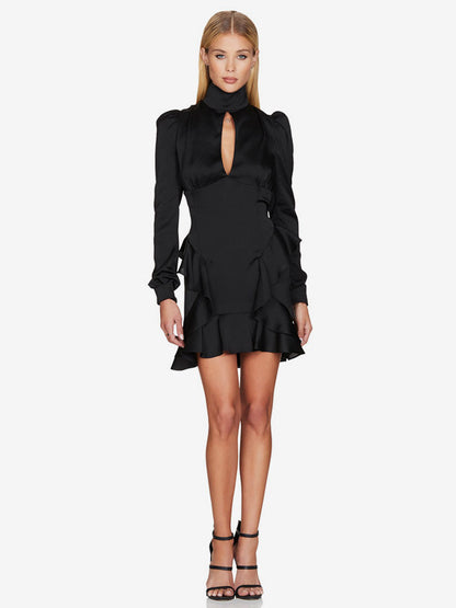 Party Dress Mini Green Stand Collar Ruffles Long Sleeves Shaping Sexy Semi Formal Dress