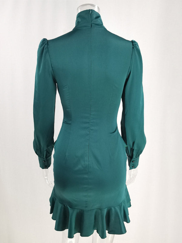 Party Dress Mini Green Stand Collar Ruffles Long Sleeves Shaping Sexy Semi Formal Dress