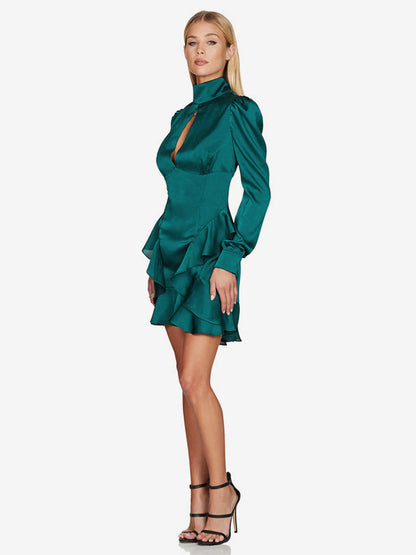 Party Dress Mini Green Stand Collar Ruffles Long Sleeves Shaping Sexy Semi Formal Dress